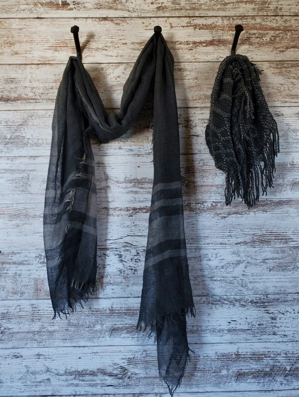 3pc Scarf Set Black Crochet Triangle - Striped Linen Rectangle - Fringe Cowl